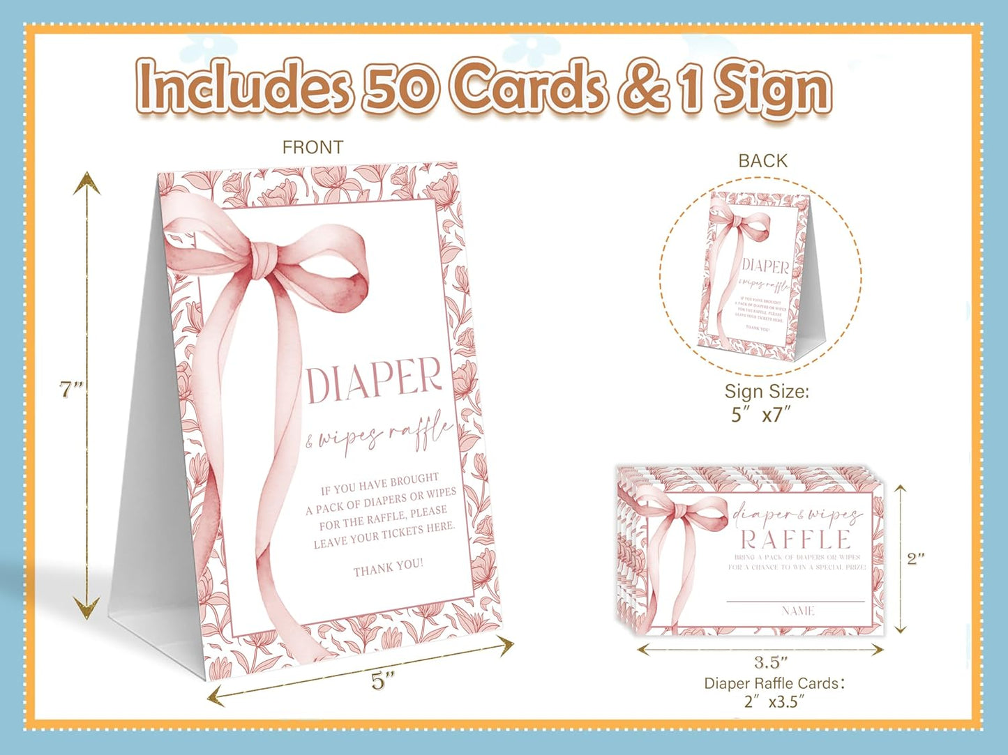 Pink Bow Baby Shower Games, 1 Diaper Raffle Sign And 50 Baby Shower Raffle Tickets, Baby Shower Table Decorations for Baby Shower and Gender Reveal Party, Reveal Party Supplies, Baby Shower Gifts-3