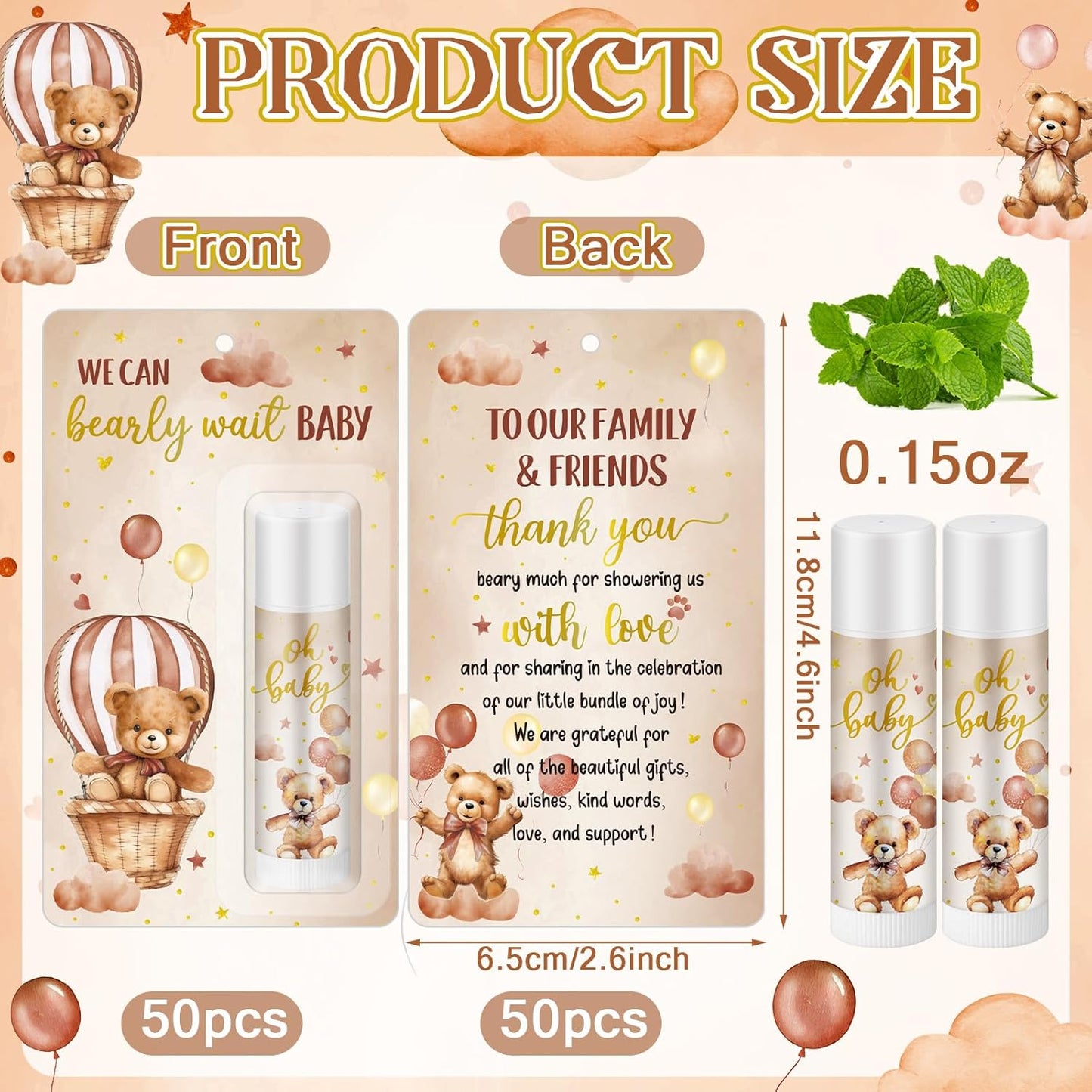 50 Pack Bear themed Baby Shower Favor Baby Shower Lip Balm Party Gifts for Guest Games Prizes Friends Gender Reveal Girls Boys Halloween Thanksgiving Christmas