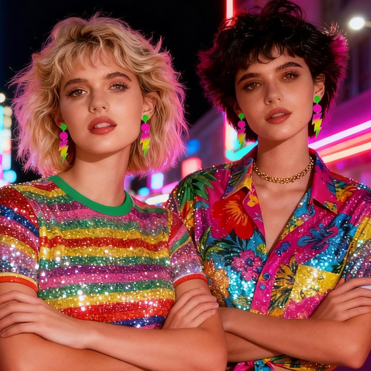 Nanafast 80S Neon Earrings Lightning Bolt Dangle Earrings for Women, 80s Accessories for Women Colorful Gradient Neon Jewelry