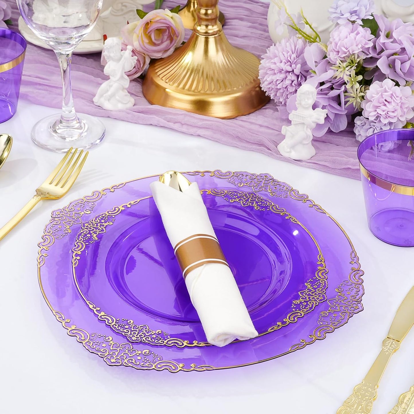 350 PCS Purple and Gold Plastic Plates, Disposable Dinnerware Set for 50 Guests, 100 Disposable Plates, 150 Silverwares, 50 Cups, 50 Napkins for Party, Wedding, Graduation