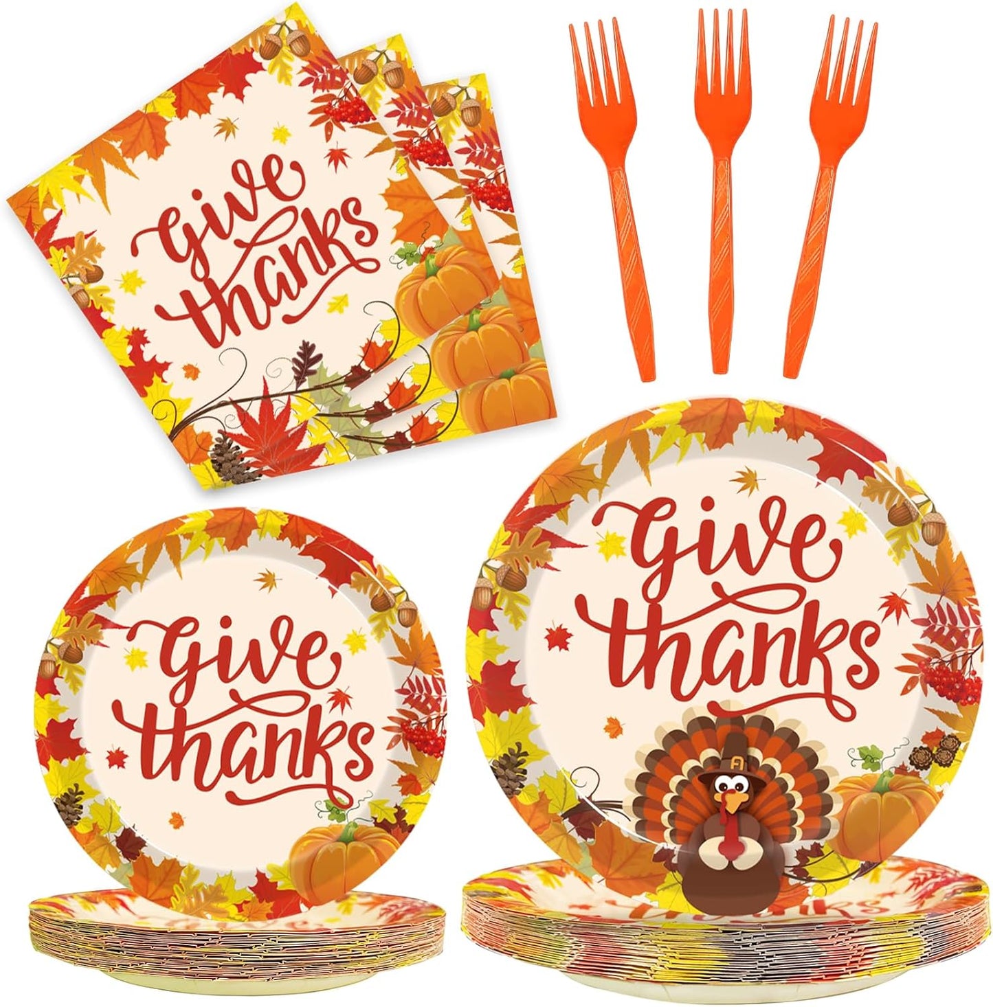96 Pcs Fall Thanksgiving Party Supplies Give Thanks Party Plates Fall Pumpkin Turkey Autumn Party Plates Napkins Set Disposable Dinnerware Tableware for Thanksgiving Dinner Party, Serves 24