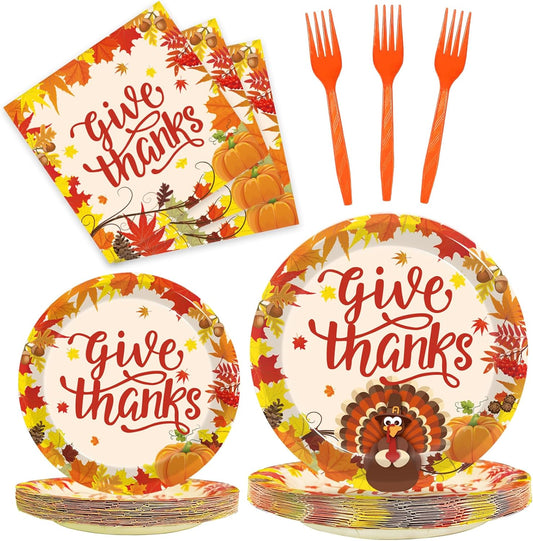 96 Pcs Fall Thanksgiving Party Supplies Give Thanks Party Plates Fall Pumpkin Turkey Autumn Party Plates Napkins Set Disposable Dinnerware Tableware for Thanksgiving Dinner Party, Serves 24