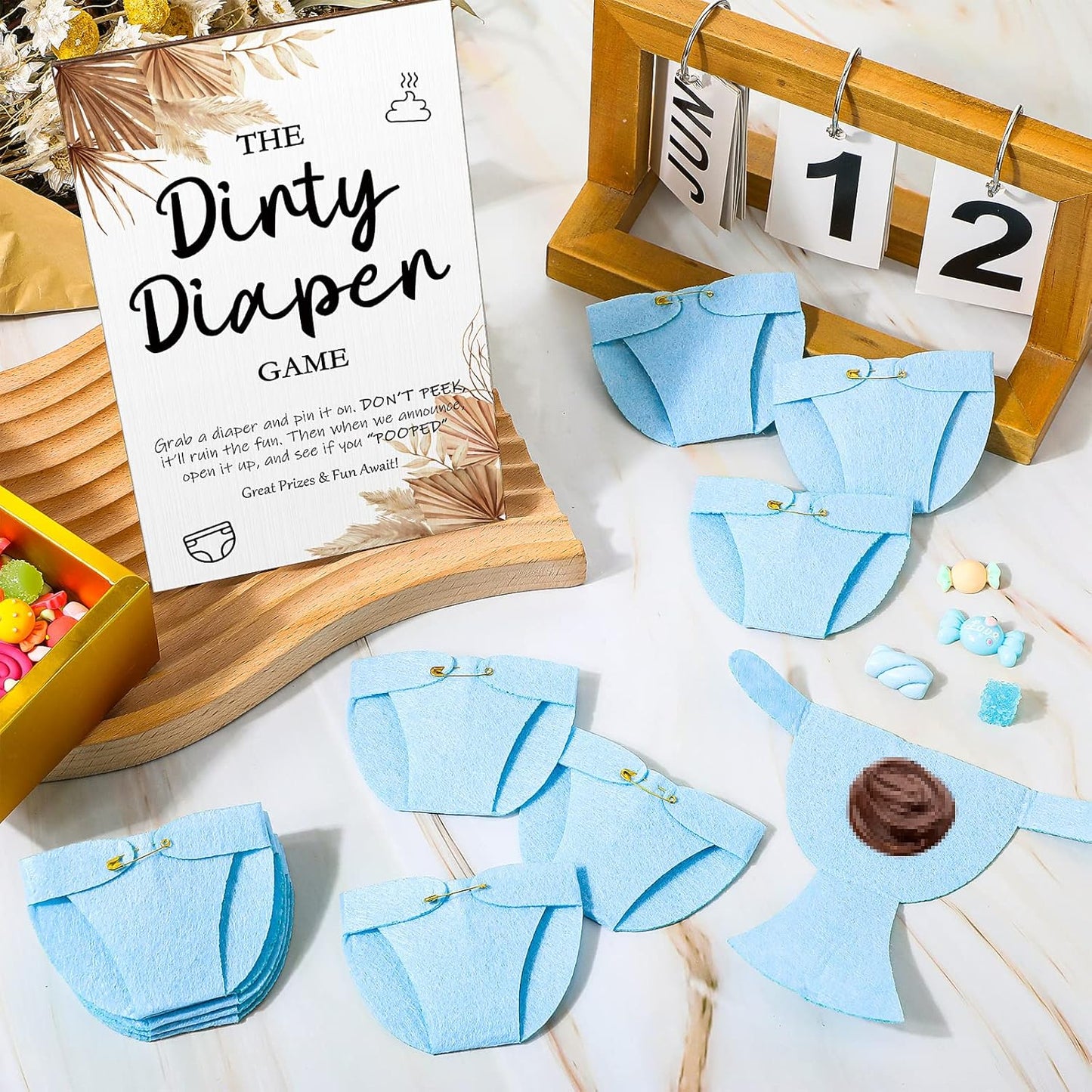 Roowest 51 Pcs Dirty Diaper Baby Shower Games Funny Wooden Sign with 50 Pcs Mini Diapers Cute Felt for Gender Reveal Party Baby Shower(Boho Blue)