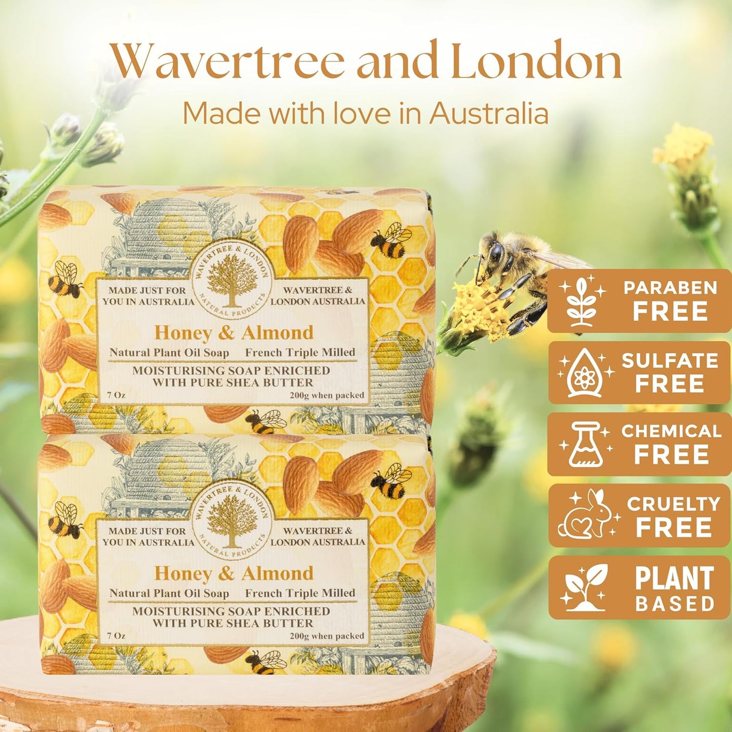 Wavertree & London Honey Almond Scented Natural Soap (2 Bars), 7oz Moisturizing French Triple Milled Soap Bars enriched with shea butter - Pure Plant Based Bath & Body Bars for All Skin Types