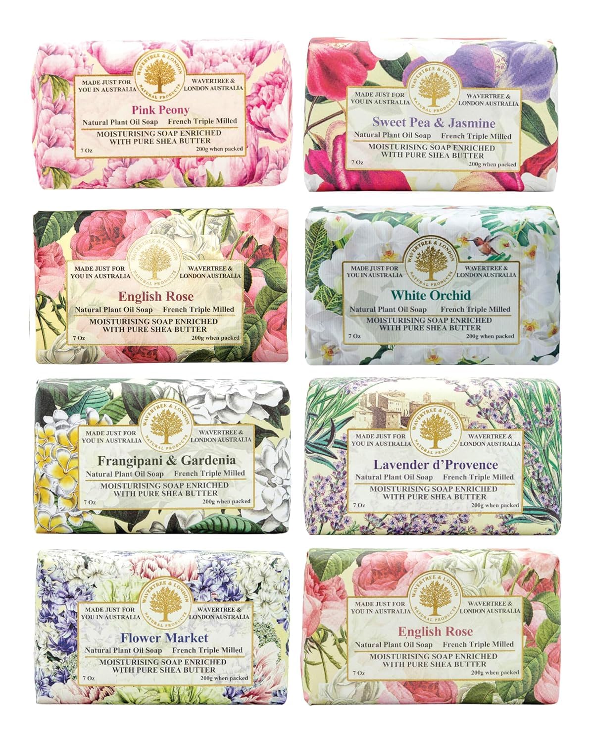 Wavertree & London Assorted Fabulous Florals Scents Natural Soap Bars (Pack of 8), 7oz Moisturizing Triple Milled Soap Bars Enriched with Shea Butter and Pure Plant Oils | All Body & Bath Soap