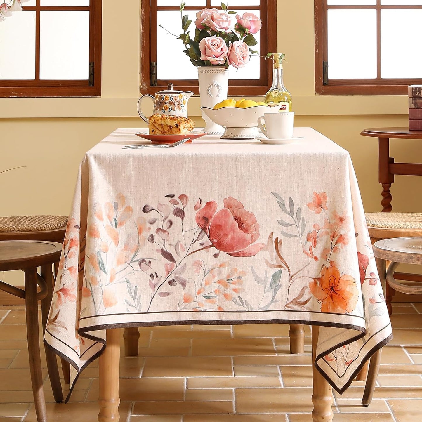 Linen Rectangle Tablecloth,French Vintage Pink Floral Pattern Wrinkle Free Table Cloth,Decorative Table Cover for Kitchen,Dining,Tea Party,Thanksgiving,Christmas,55"*79"-Sloosa