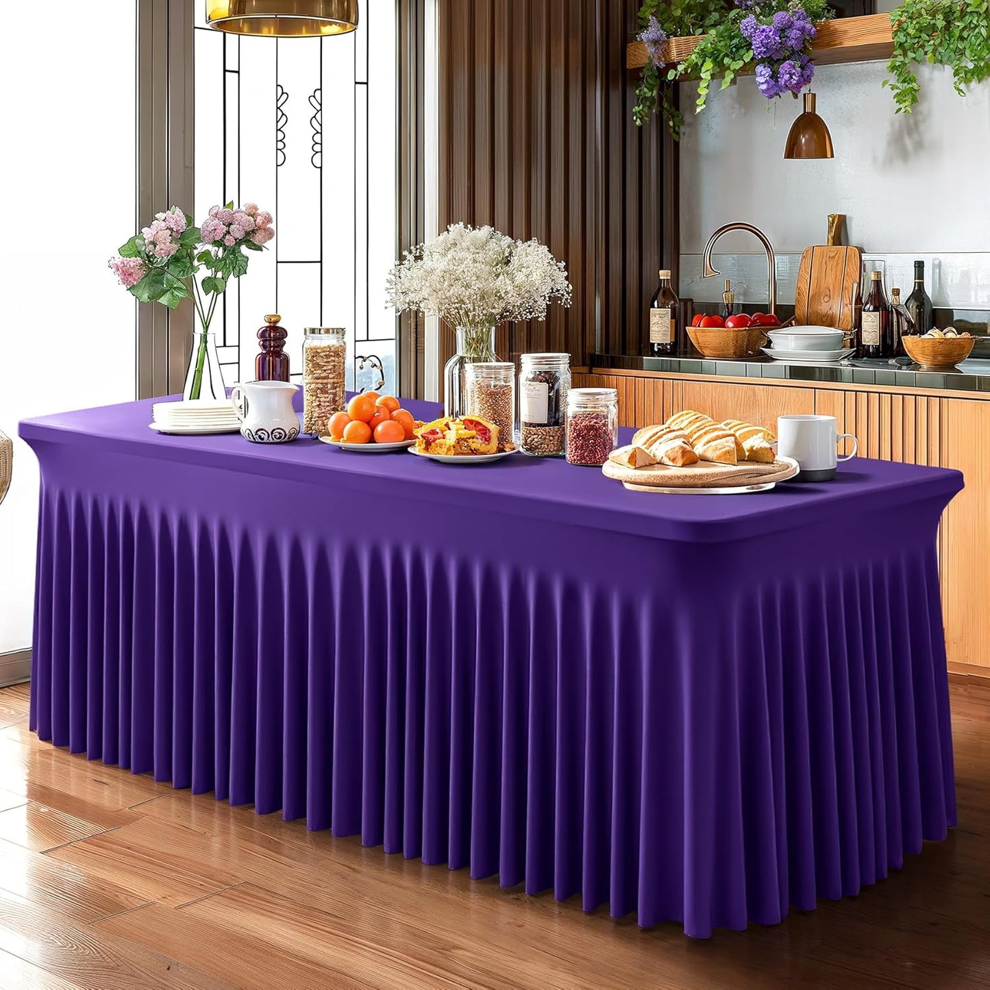 1 Pack Purple Table Clothes for 8 Foot Rectangle Tables, One-Piece Wrinkle Resistant Stretch Spandex Table Covers with Skirt for Event Banquet Wedding Birthday Party
