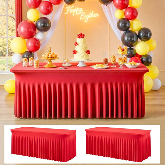 2 pk Red Spandex Tablecloth 6ft with Ruffle Skirt,Wrinkle Free High Stretchy Fitted Tablecloths for 6 Foot Rectangle Tables,Pleated Spandex Table Covers 6ft for Christmas Parties Banquet Weddings