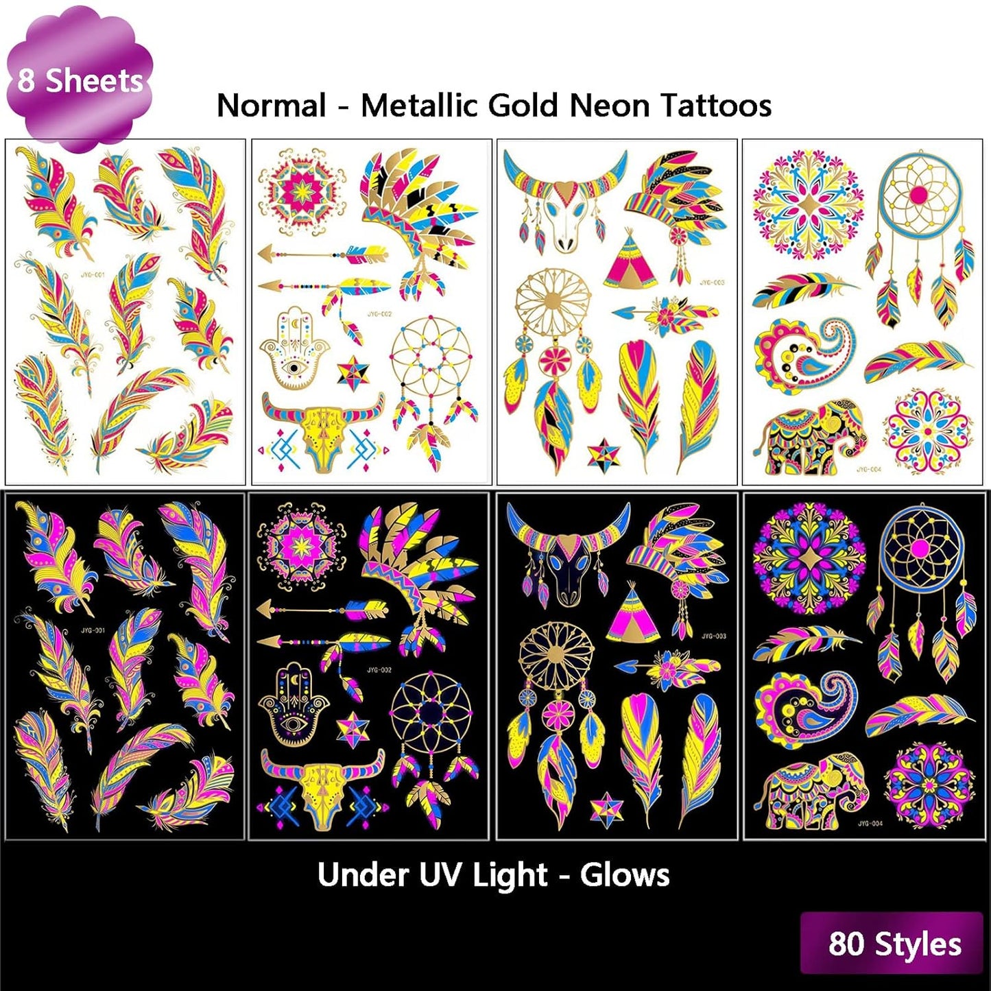 Neon Metallic Gold Temporary Tattoos Glow In The Dark UV Neon Tattoos Stickers 80 Glitter Styles Mandalas Feather Elephants Horns Party Decoration for Adults Kids