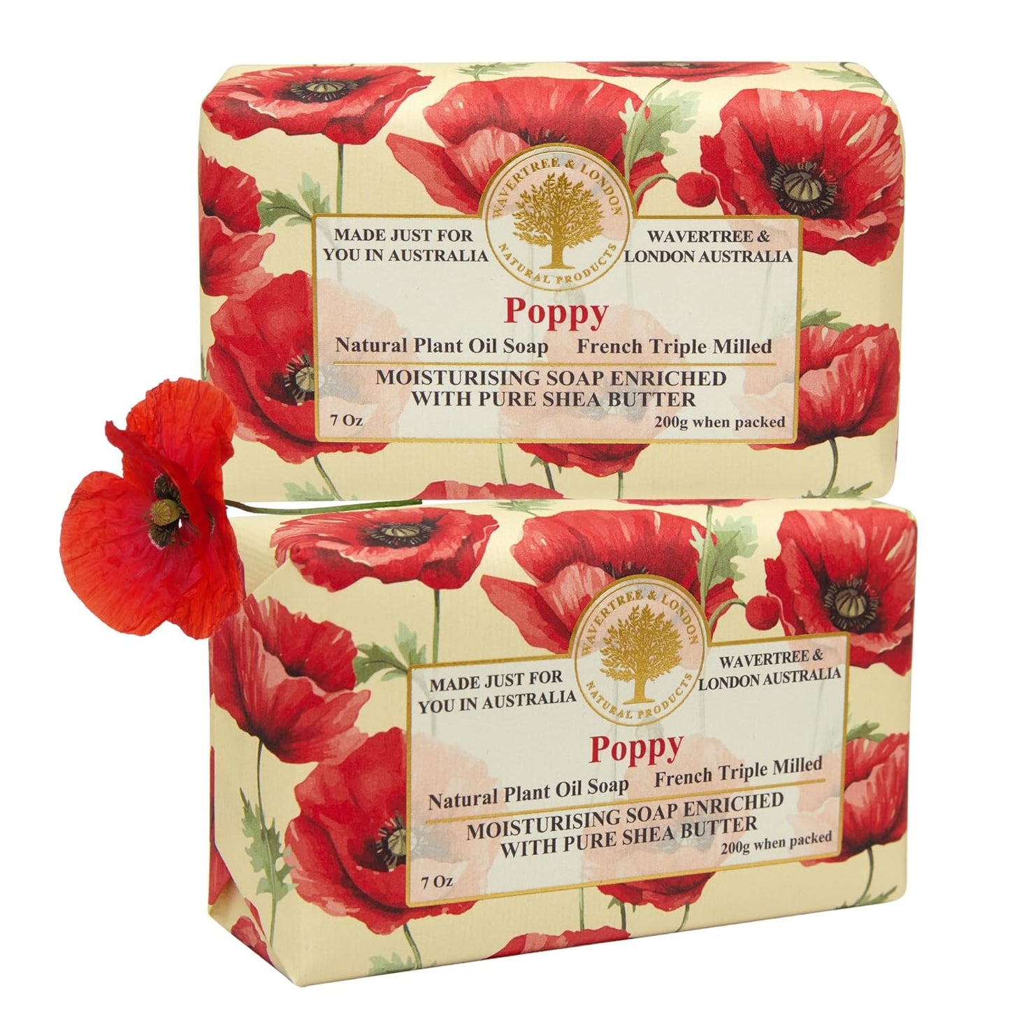 Wavertree & London Poppy Scented Natural Soap (2 Bars), 7oz Moisturizing French Triple Milled Soap Bars enriched with shea butter - Pure Plant Based Bath & Body Bars for All Skin Types
