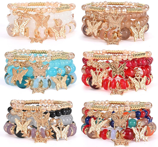 Bohemian Bracelet Sets for Women - 6 Sets Stackable Stretch Bracelets Multi-color Boho Jewelry for Women Hippie Bracelets Dainty Jewelry