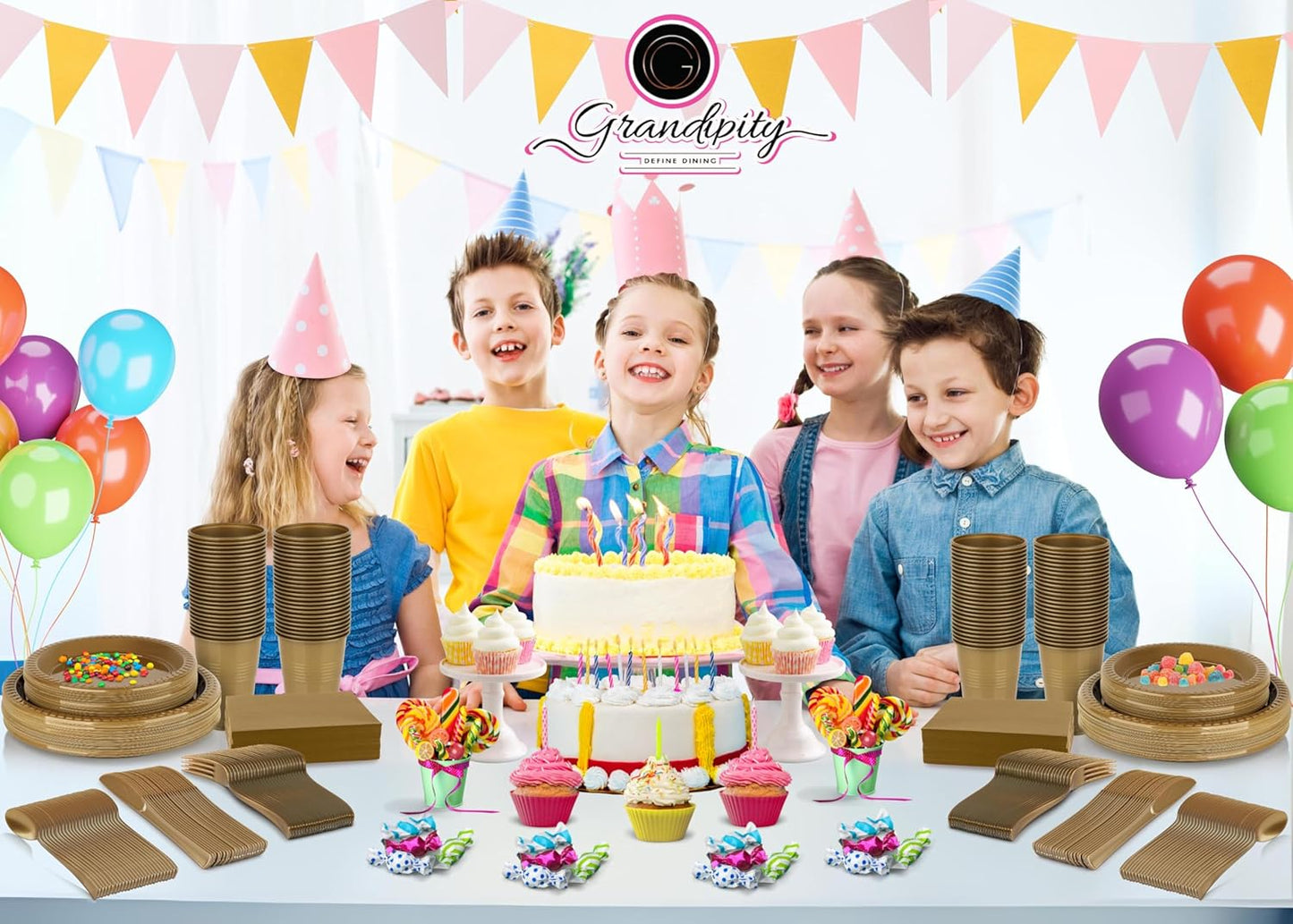 Grandipity 350 Piece Gold Disposable Dinnerware Set, Includes 50 of Each: 9" Dinner Plates, 7" Dessert Plates, 12oz Cups, Paper Napkins, Forks, Knives & Spoons