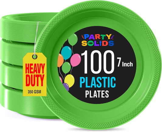 Exquisite Party Solids Lime Green Plastic Plates For Party 7" Lime Green Disposable Plates Heavy Duty 100 Pcs Plastic Dinnerware Sets Heavy Duty 350 GSM Disposable Dinnerware Set