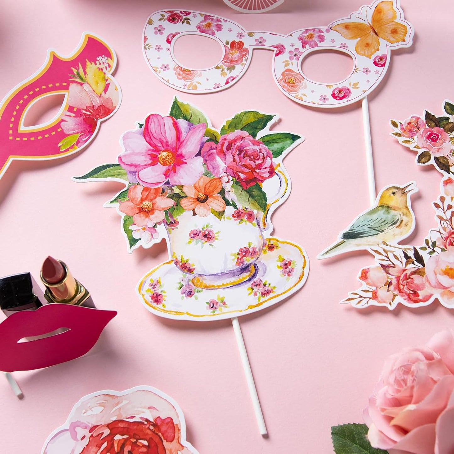 SUNBEAUTY 36 Pcs Tea Party Photo Booth Props - Pink, White, Green - Floral Pattern - Paper Material - Perfect for Parties