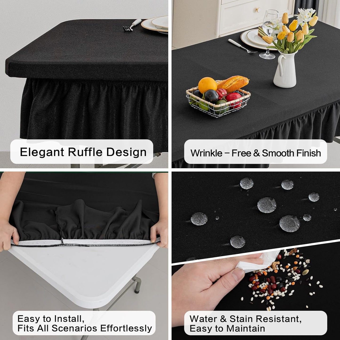 4ft Black Stretch Tablecloth for Rectangular Tables - Flared Wrap Design, Waterproof, Wrinkle-Resistant, Washable - Ideal for Weddings, Parties, Banquets & Table Protection