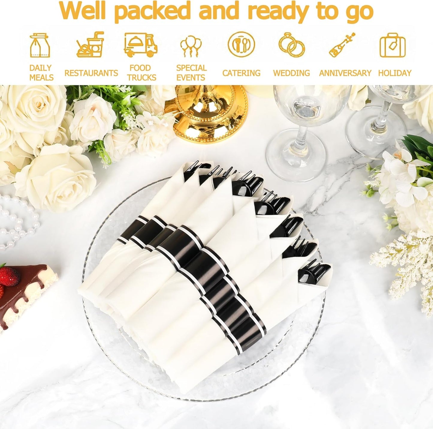 50 Pack Pre Rolled Black Plastic Silverware Set,Wrapped Plastic Cutlery Set with Napkin Include 50 Forks,50 Spoons,50 Knives and 50 White Napkins for Party,Wedding