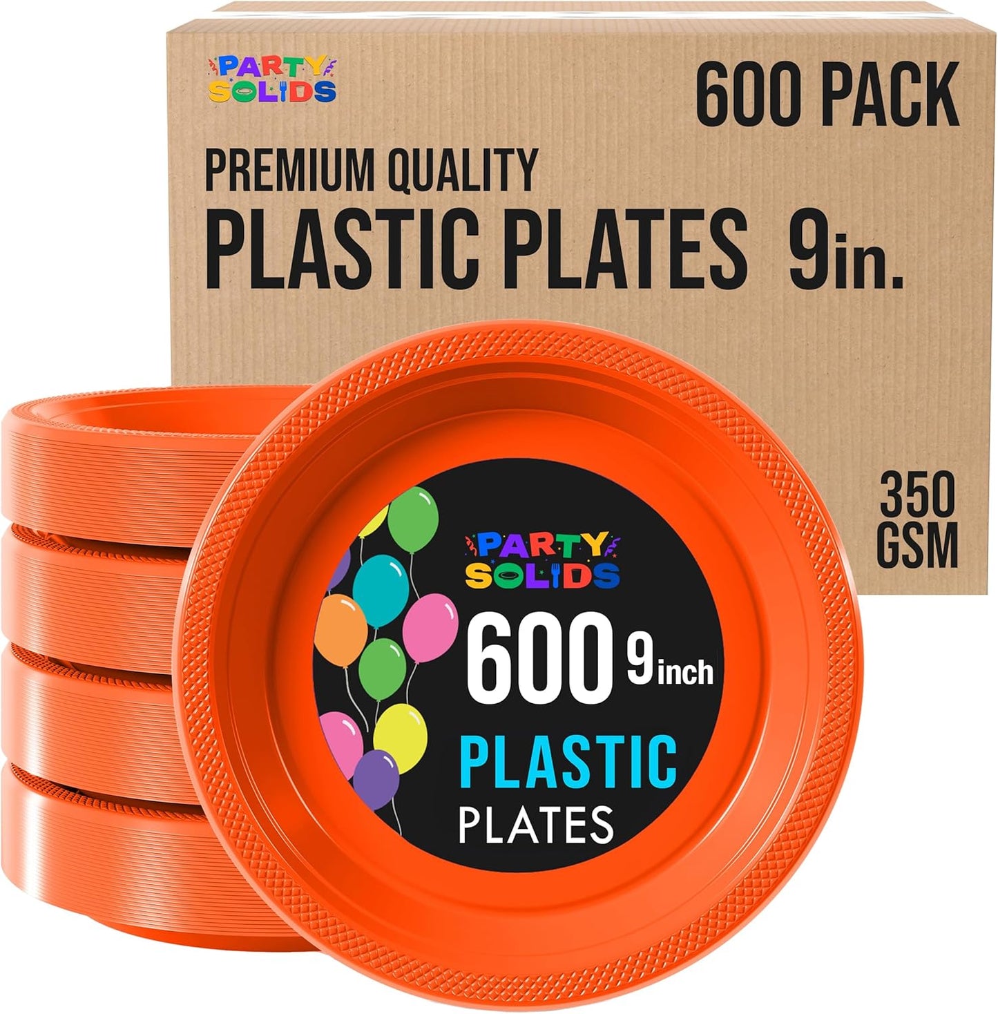 Party Solids Orange Plastic Plates Bulk 9" Orange Disposable Plates For Party Supplies 600 Pieces Disposable Dinner Plate Heavy Duty 350 GSM Plate Sets, Plastic Dinnerware Sets