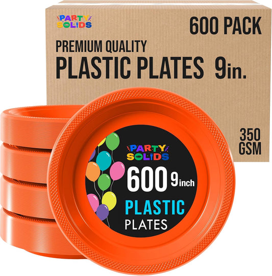 Party Solids Orange Plastic Plates Bulk 9" Orange Disposable Plates For Party Supplies 600 Pieces Disposable Dinner Plate Heavy Duty 350 GSM Plate Sets, Plastic Dinnerware Sets