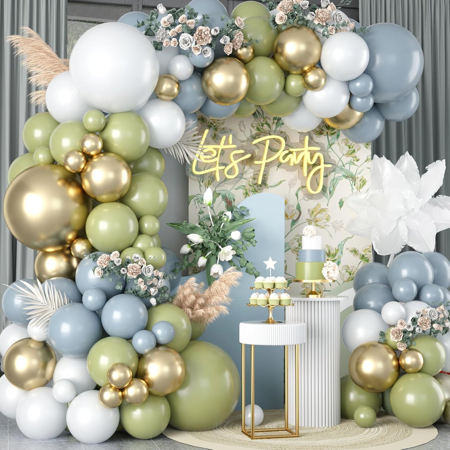 Dusty Blue Balloon Arch Kit with 18/12/10/5 inch Dusty Blue, Green, White Gold Latex Balloons for Birthday, Baby Shower, Wedding, Anniversary, Boho Bridal Party Decorations