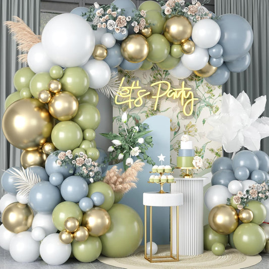Dusty Blue Balloon Arch Kit with 18/12/10/5 inch Dusty Blue, Green, White Gold Latex Balloons for Birthday, Baby Shower, Wedding, Anniversary, Boho Bridal Party Decorations