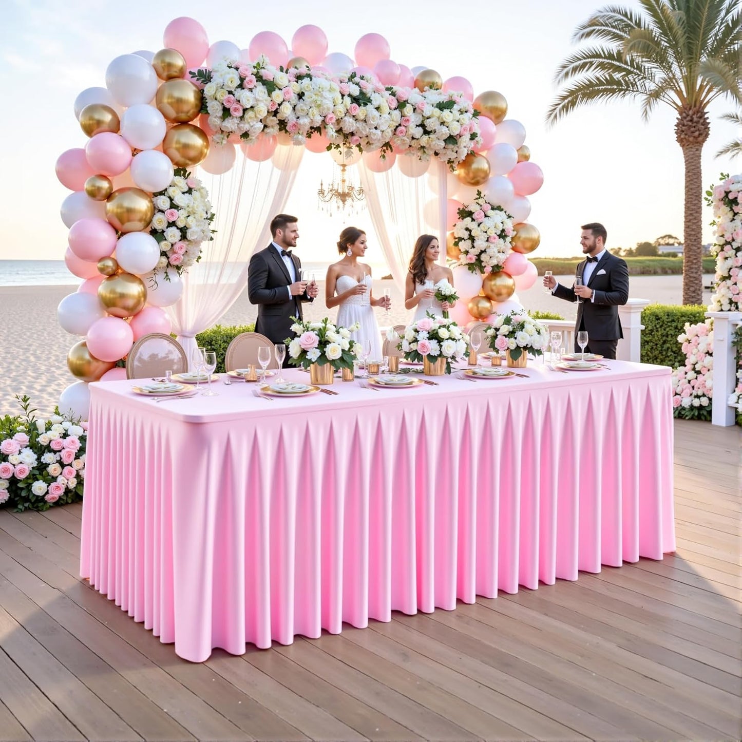 2 Pack Pink Rectangle Tablecloth 8 FT Stretch Spandex Fitted Table Cloth for 8 Foot Rectangle Tables Banquet Tablecloths Wrinkle Free Table Cover Skirt Ruffle Tablecloth for Party Wedding Birthday