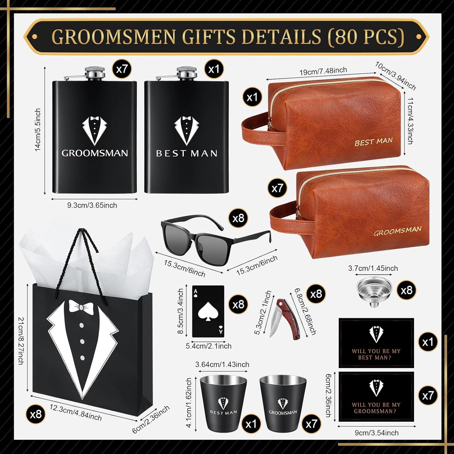 80Pcs Groomsmen Gifts Groomsmen Proposal Box with Flasks Sunglasses PU Leather Toiletry Bag Bottle Opener for Wedding Groomsman Best Man Gift (80, Brown)