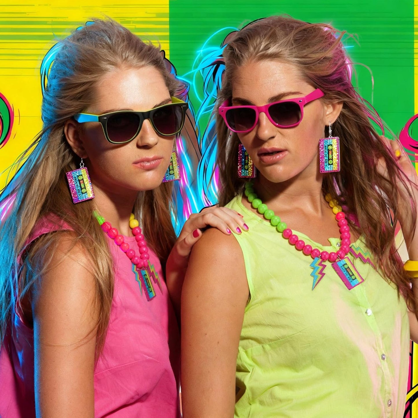 80s Outfits Costume Accessories for Women 80s Necklace Neon Beaded Necklaces for Glow Party Beads Necklaces with Lightning Earrings Tape Neon Jewelry Set for Women 80's Party Favors Decorations