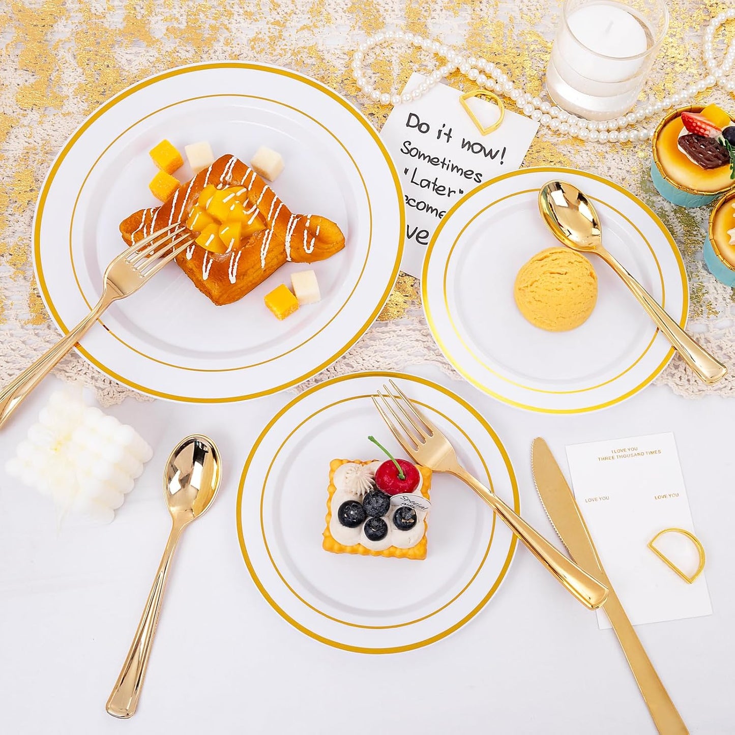 I00000 300 Pcs Gold Plastic Plates for 50 Guests.Disposable Dinnerware for Party,Plastic Dinnerware Set of 100 Plates,200 Gold Silverware Set(50 Spoons,50 Knives,100 Forks)