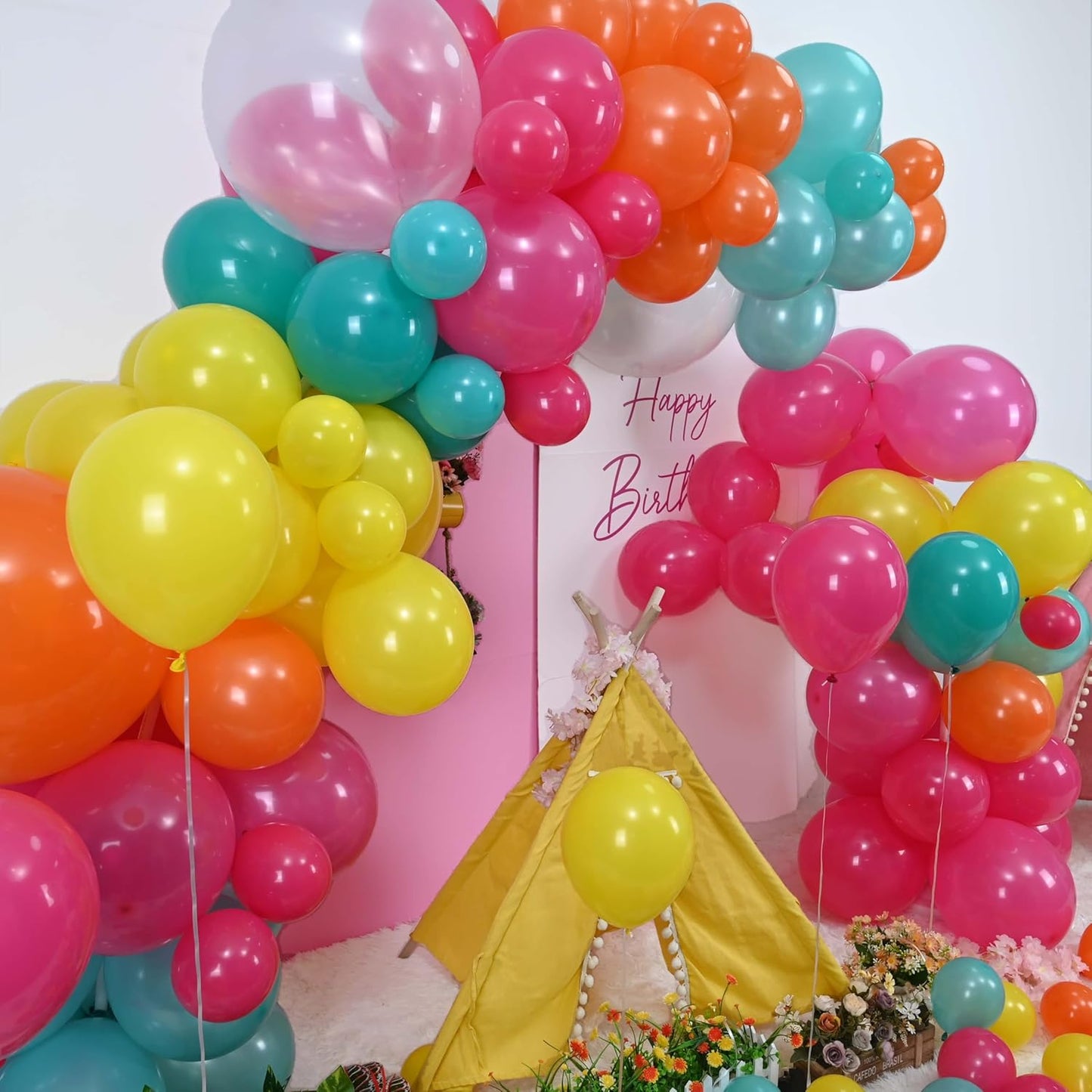 Neon Balloons Arch Kit, Hot Pink Teal Blue and Orange Balloon Garland Kit Rainbow Balloon Summer Tropical Aloha Luau Party Decorations, 18 in Clear Yellow Balloons for Hawaiian Pool Party Decor