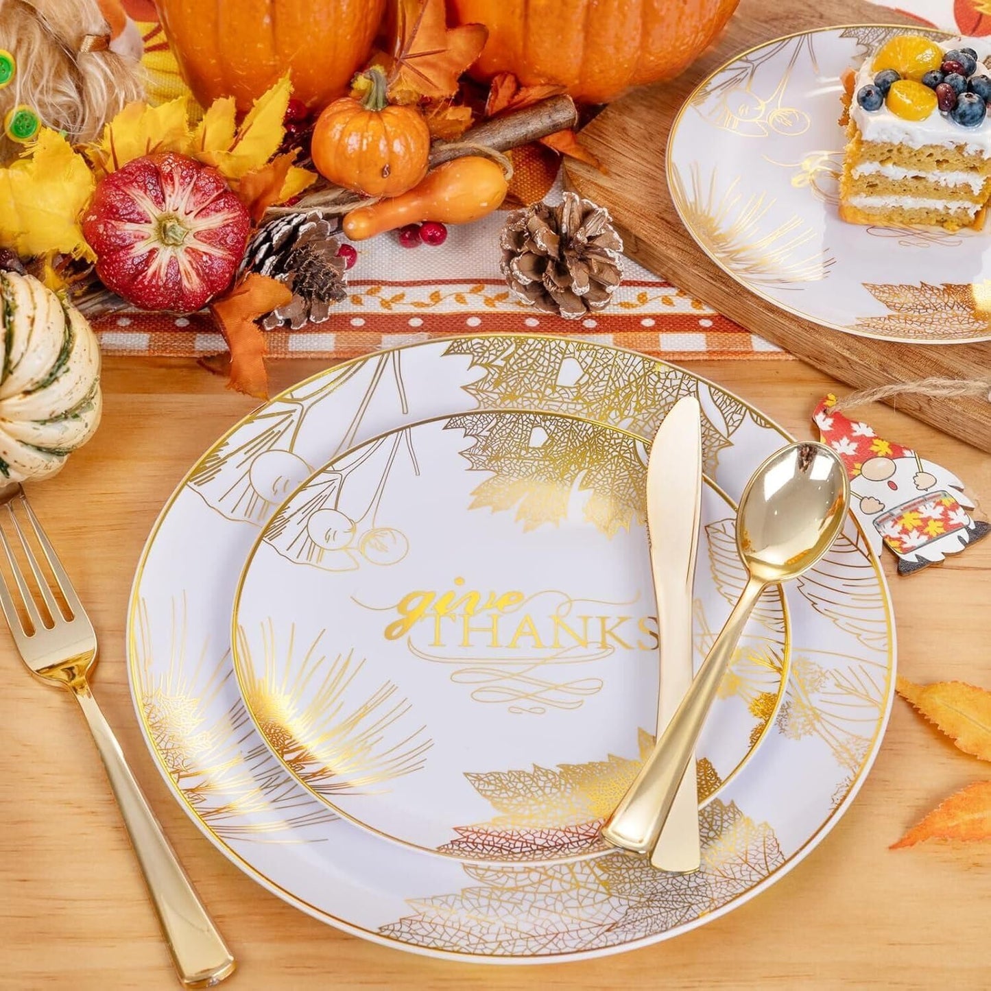 125PCS Thanksgiving Plastic Plates - Gold Disposable Dinnerware Sets - Thanksgiving Maple leaf Plates with Silverware for 25 Guests for Autumn Harvest Party Decor