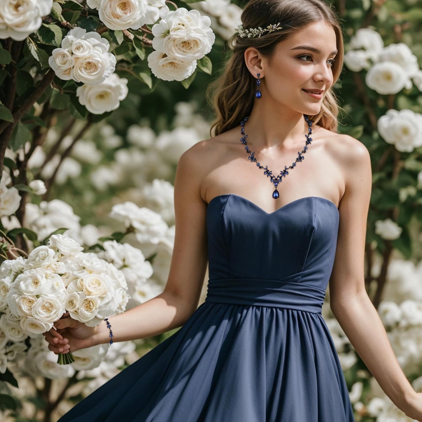 BriLove Wedding Jewelry Set for Women Bride, Y-Necklace Tennis Bracelet Dangle Earrings Crystal Teardrop Marquise Cluster for Bridal Bridesmaid