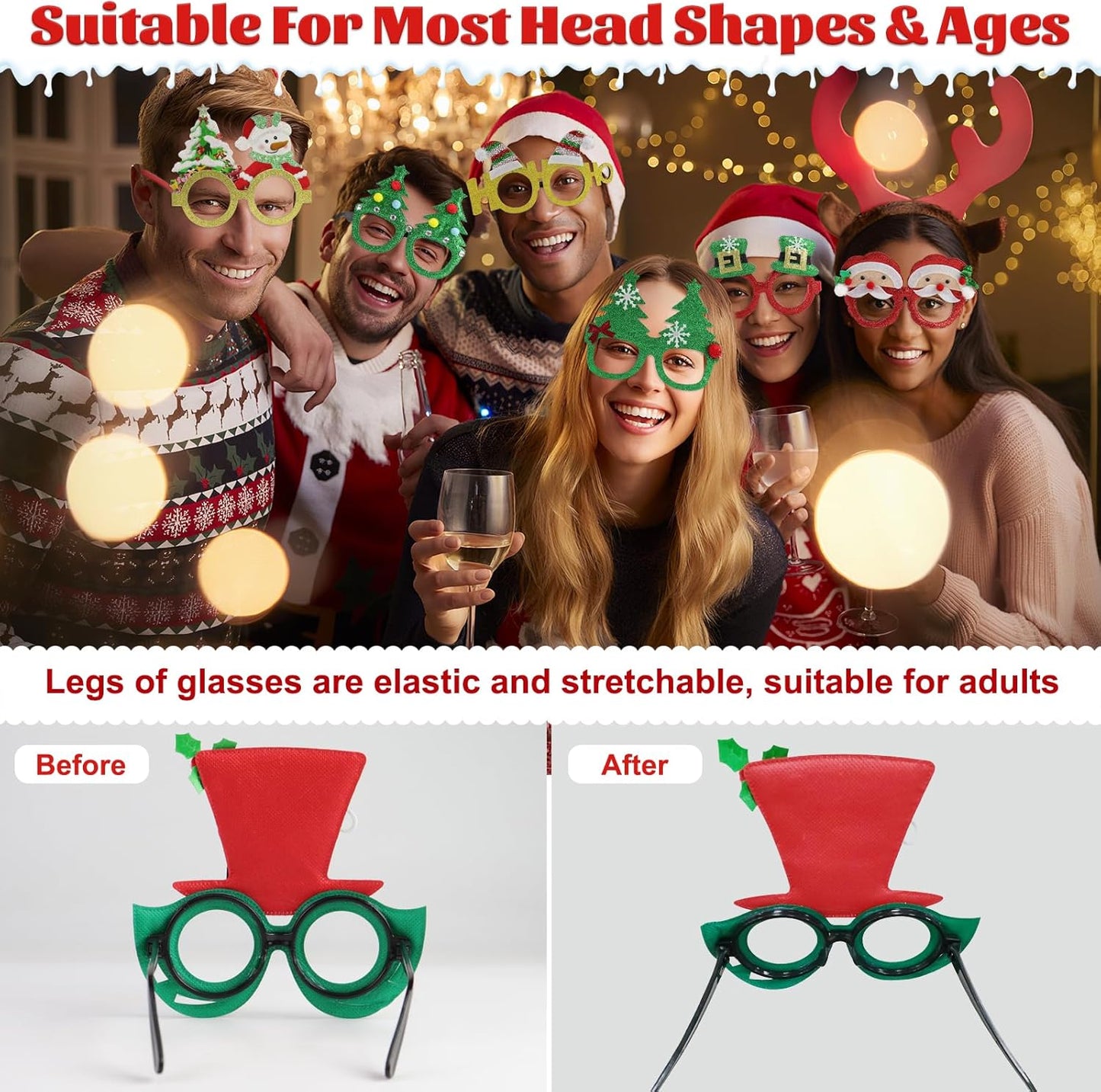 30Pcs Christmas Glasses for Kids & Adults, Festive Glitter Party Eyewear for Family Classroom Christmas Parties, Holiday Photo Booth Props Decorations Games Favors Accessories