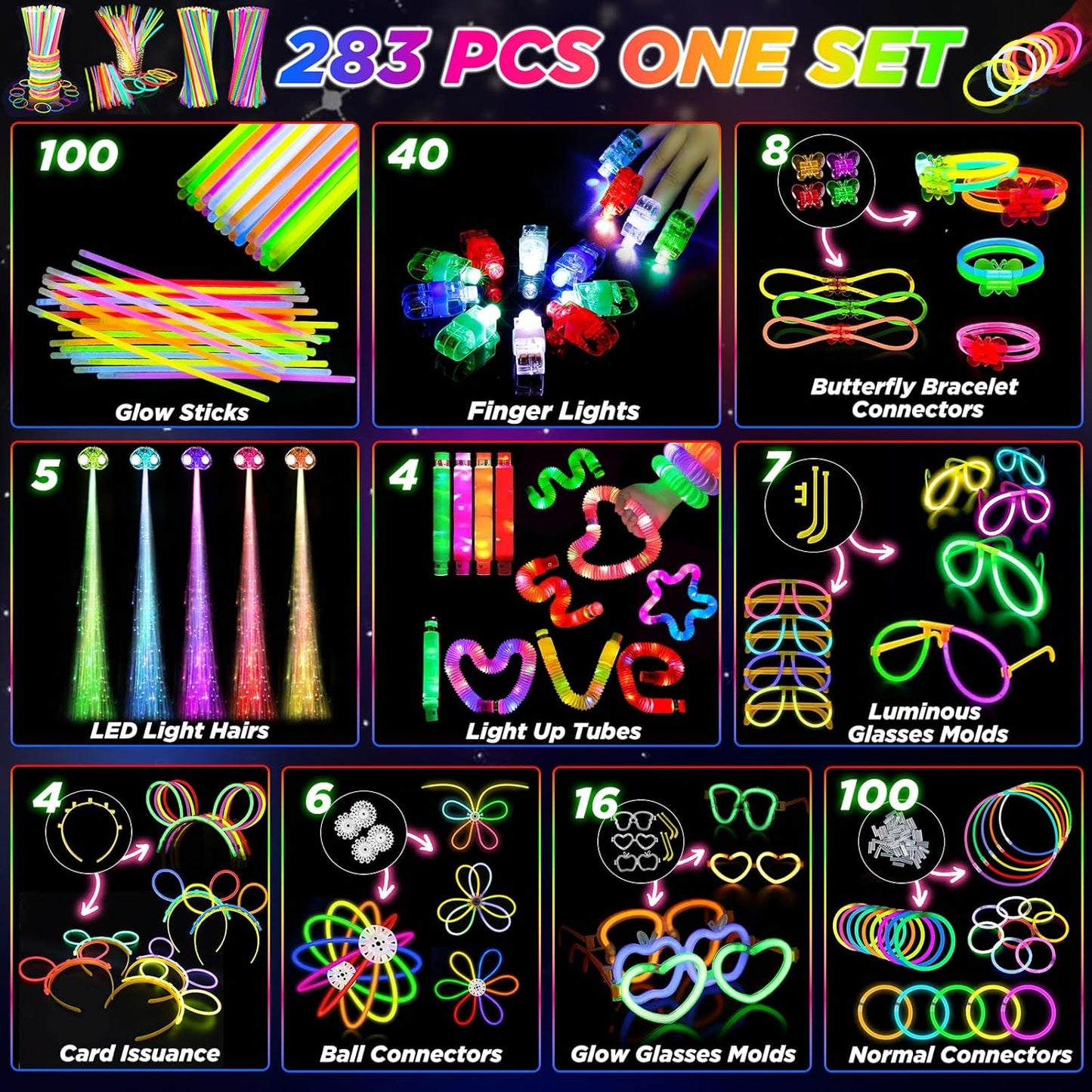 Party Supplies, Glow in the New Year's Dark Party Favors for Adults Kids, 27 Carnival Accessories, 56 LED Light Up Toys Bulk, 100 Glow Sticks Party Pack, Neon Party Supplies & Decorations
