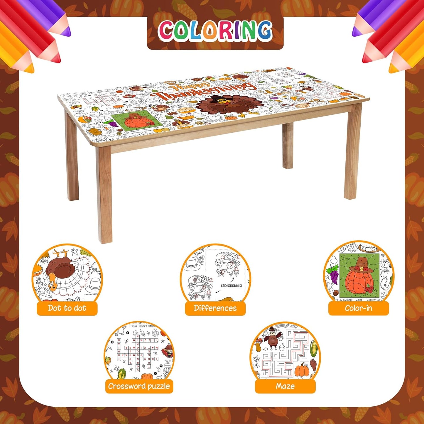 Thanksgiving Coloring Tablecloth for Kids, Giant 30x72 Inch Poster with Turkeys, Pumpkins, Harvest Symbols, Perfect for Party Games, Classroom Activities, Arts Crafts, Indoor Holiday Decor