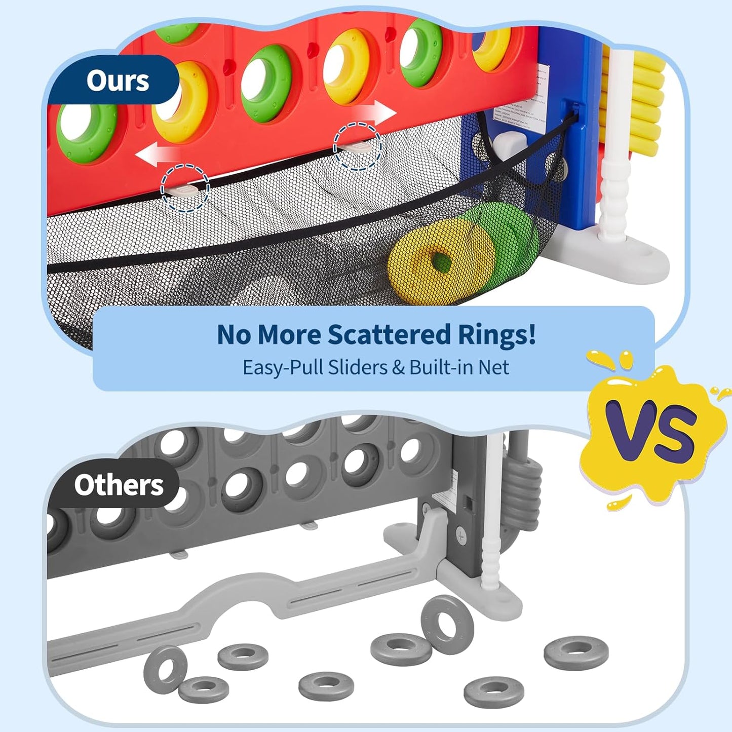 Giant 4 in a Row Game,Adjustable Height Board Jumbo 4-in-a-Row Game with Quick-Release Slider,Mini Basketball,Golf & Ring Toss Set for Family Party, Outdoor & Indoor