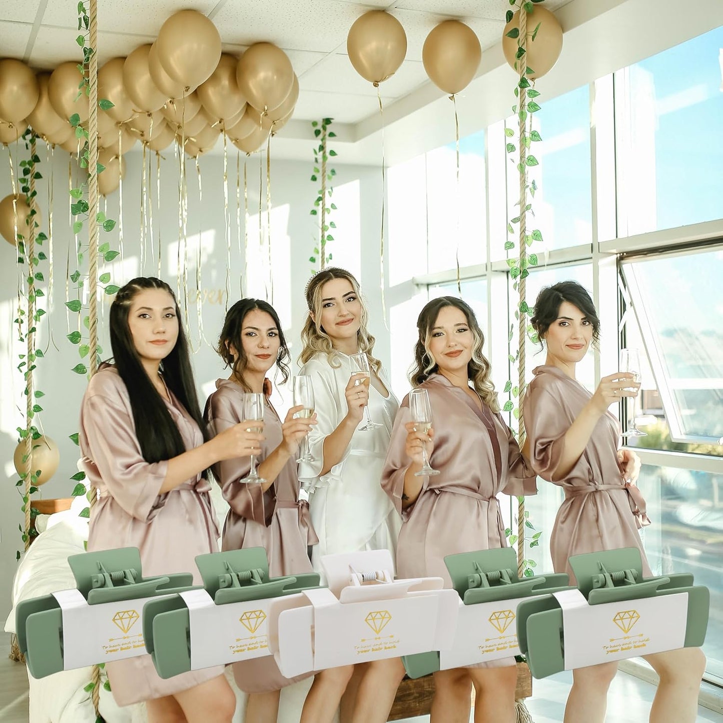 Bridesmaid Scrunchies Proposal Gifts 4.1inch square Hair Claws Bachelorette Hair Clip heart sunglasses Girls gift for Wedding Party Favors (White&Sage Green)