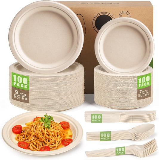 Gezond Compostable Paper Plates Set 500pcs Disposable Plates Heavy-Duty Plate Cutlery Eco-friendly Dinnerware Set for Party Picnic