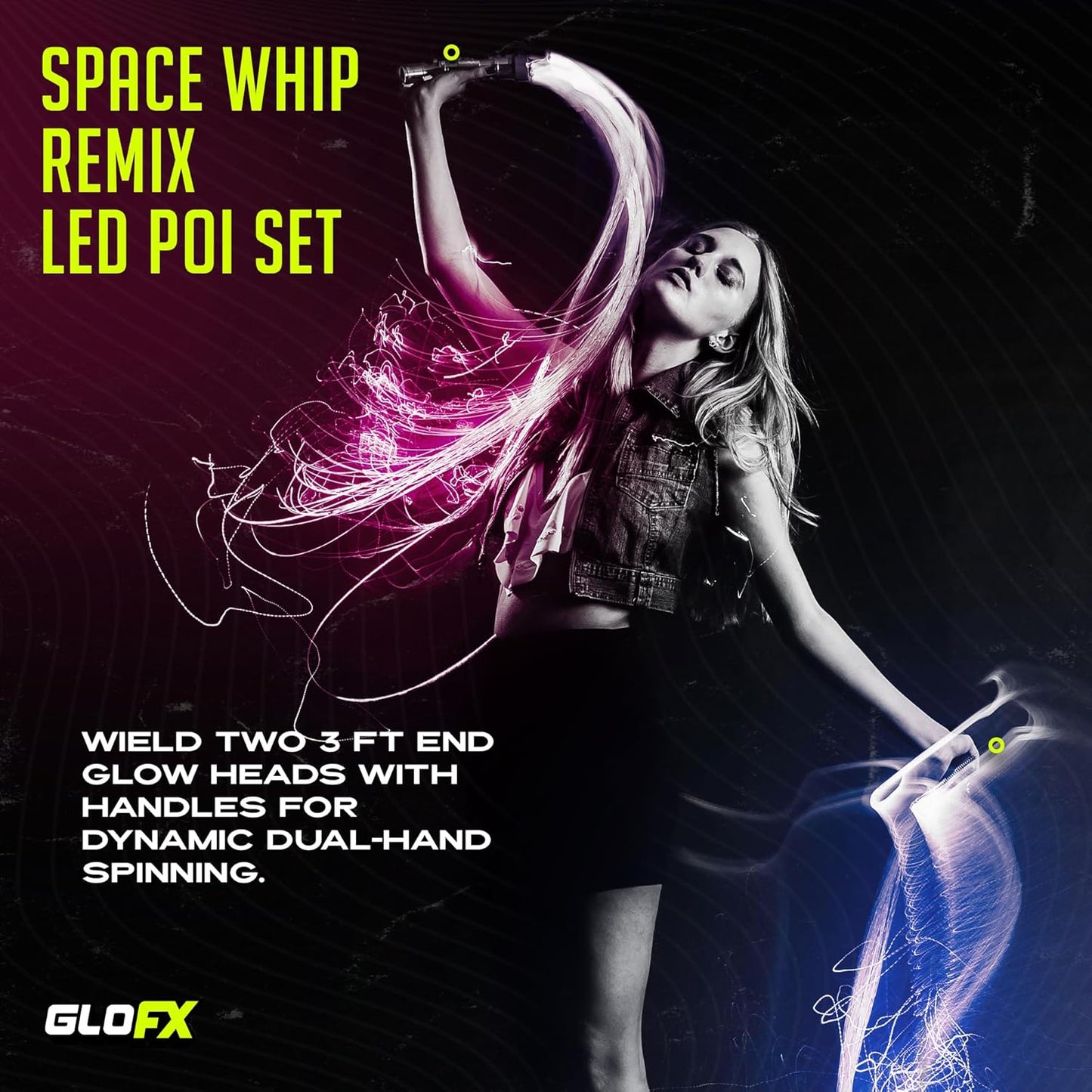 Glofx Space Whip Remix Led Poi Set - Two 3 Ft 360° Swivel Fiber Optic Whips with Double Loop Handles - Programmable Led Light Up Glow Rave Toy Pixel Flow Lace