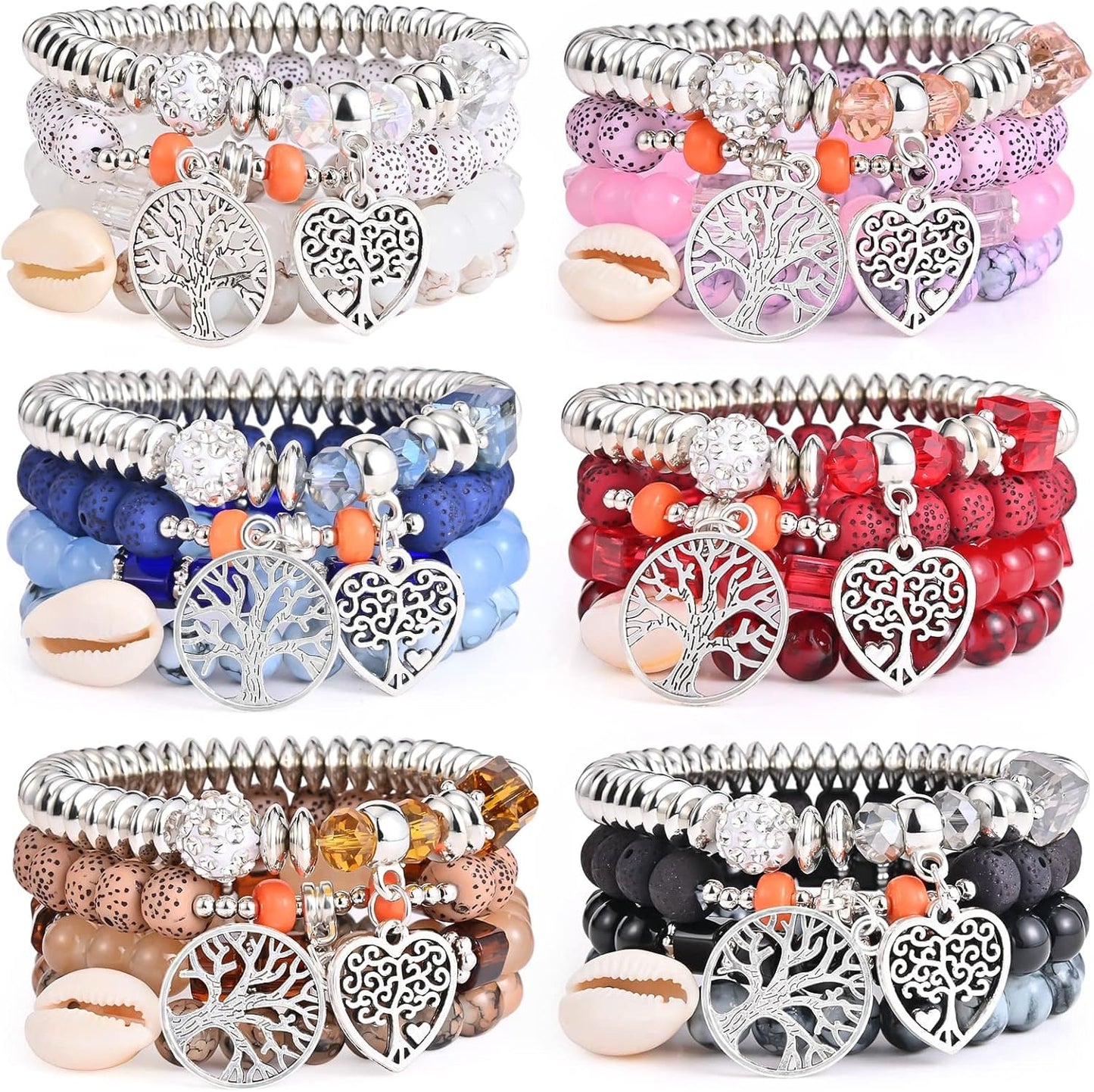 Bohemian Bracelet Sets for Women - 6 Sets Stackable Stretch Bracelets Multi-color Boho Jewelry for Women Hippie Bracelets Dainty Jewelry