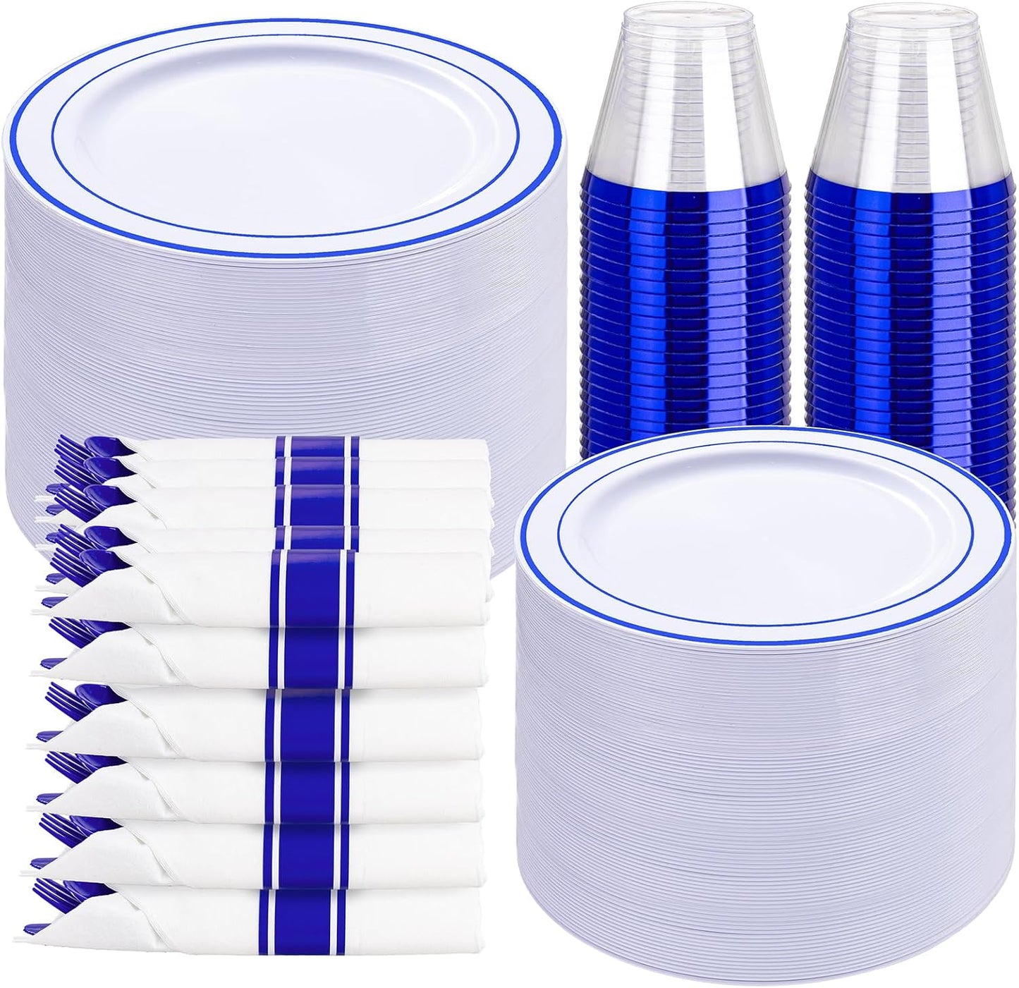 WELLIFE 350 Pcs Blue Plastic Plates for 50 Guests - Plastic Dinnerware Set,Party Supplies Includes 100 Blue Disposable Plates,150 Silverware,50 Napkins,50 Cups