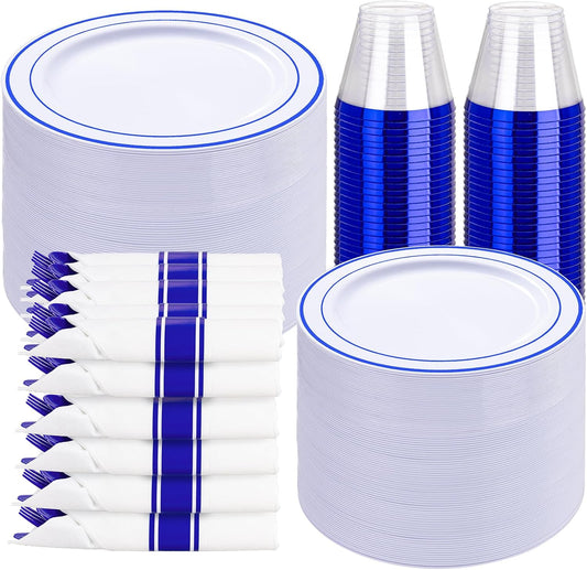 WELLIFE 350 Pcs Blue Plastic Plates for 50 Guests - Plastic Dinnerware Set,Party Supplies Includes 100 Blue Disposable Plates,150 Silverware,50 Napkins,50 Cups