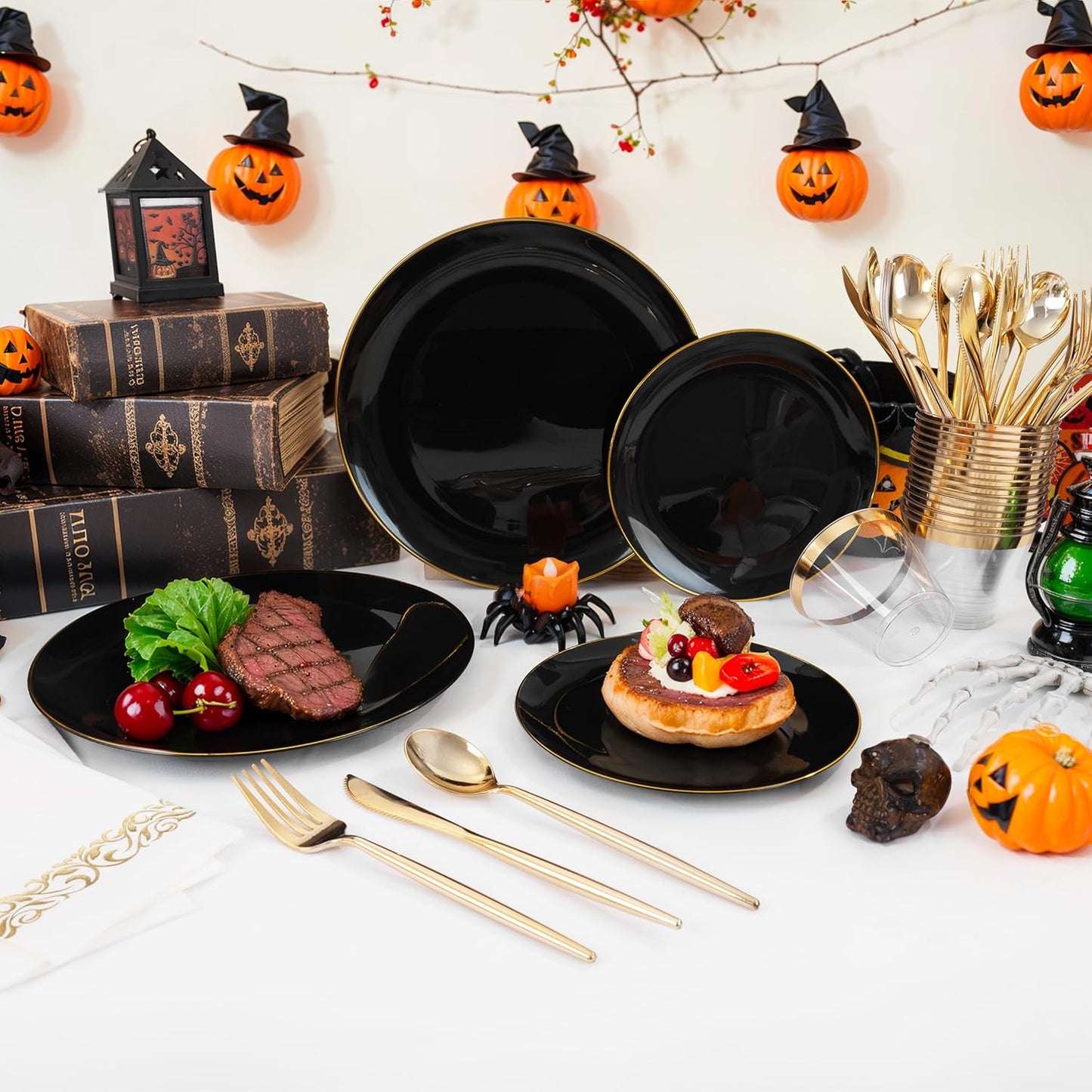 MirthMood 210Pcs Black and Gold Disposable Plates,Black Plates, Black and Gold Plates Include 30 Dinner,Dessert Plate,30 Cup&30 Napkins, 90 Gold Silverware for Wedding & Party & Birthday & Halloween