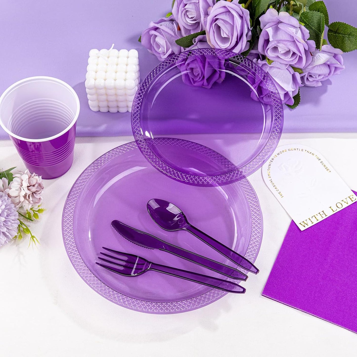 WELLIFE 210Pcs Purple Plastic Plates,Clear Purple Plastic Dinnerware Set,Party Supplies Including Clear Plates, 12OZ Cups, plastic Cutlery and Napkins Serve 30 Guests, Disposable Plates for Party