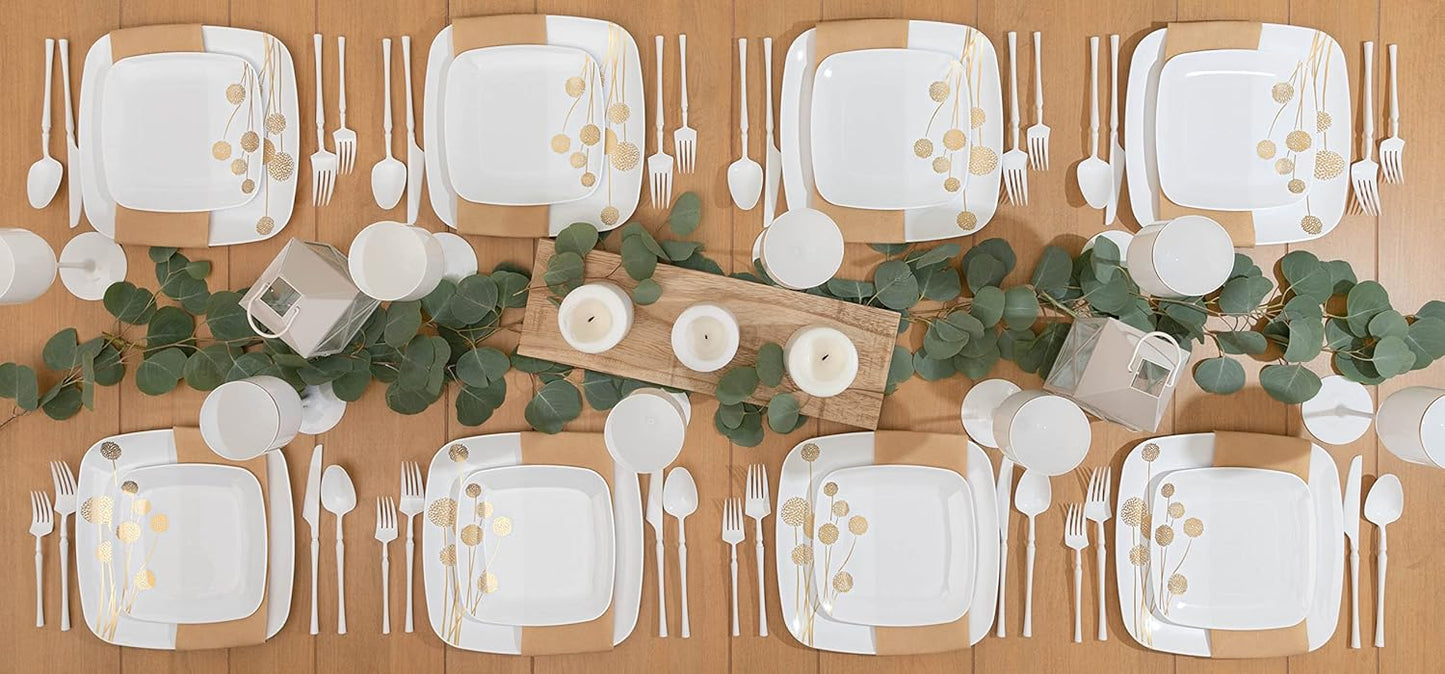PLASTICPRO Square 64 Piece Combo Plates Set includes 32 x 7'' inch Salad Plates & 32 x 10'' inch Dinner White Plastic with Gold Dandelion Design Party Premium heavyweight