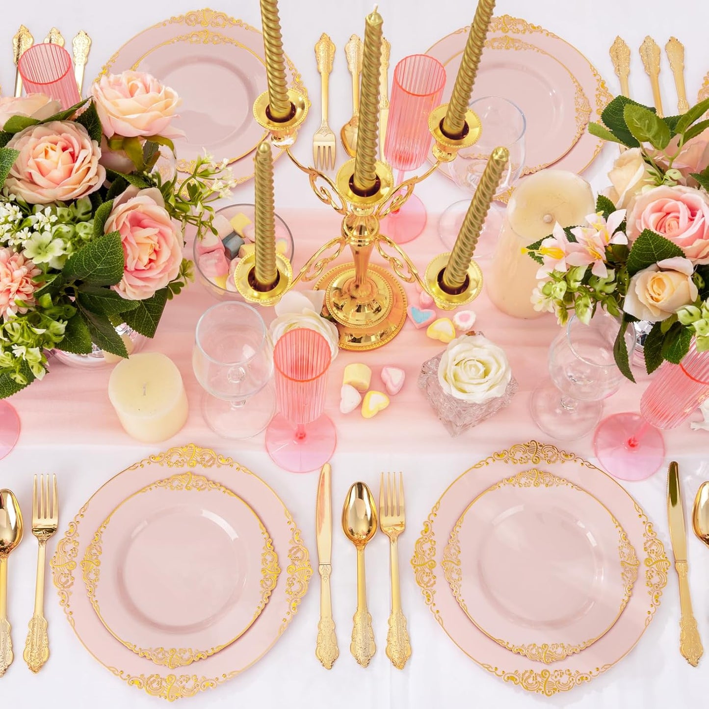 125PCS Pink and Gold Plastic Plates - Pink Disposable Plates - Vintage Plate with Gold Plastic Silverware Set for 25 Guests for Weddings Parties