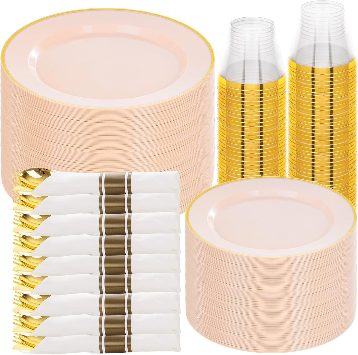SUT 350 Pcs Pink and Gold Plastic Dinnerware Set for 50 Guests, Include: 50 Dinner Plates, 50 Dessert Plates, 50 Pre Rolled Napkins With Silverware, 50 Cups, Disposable Plates for Baby Shower, Party