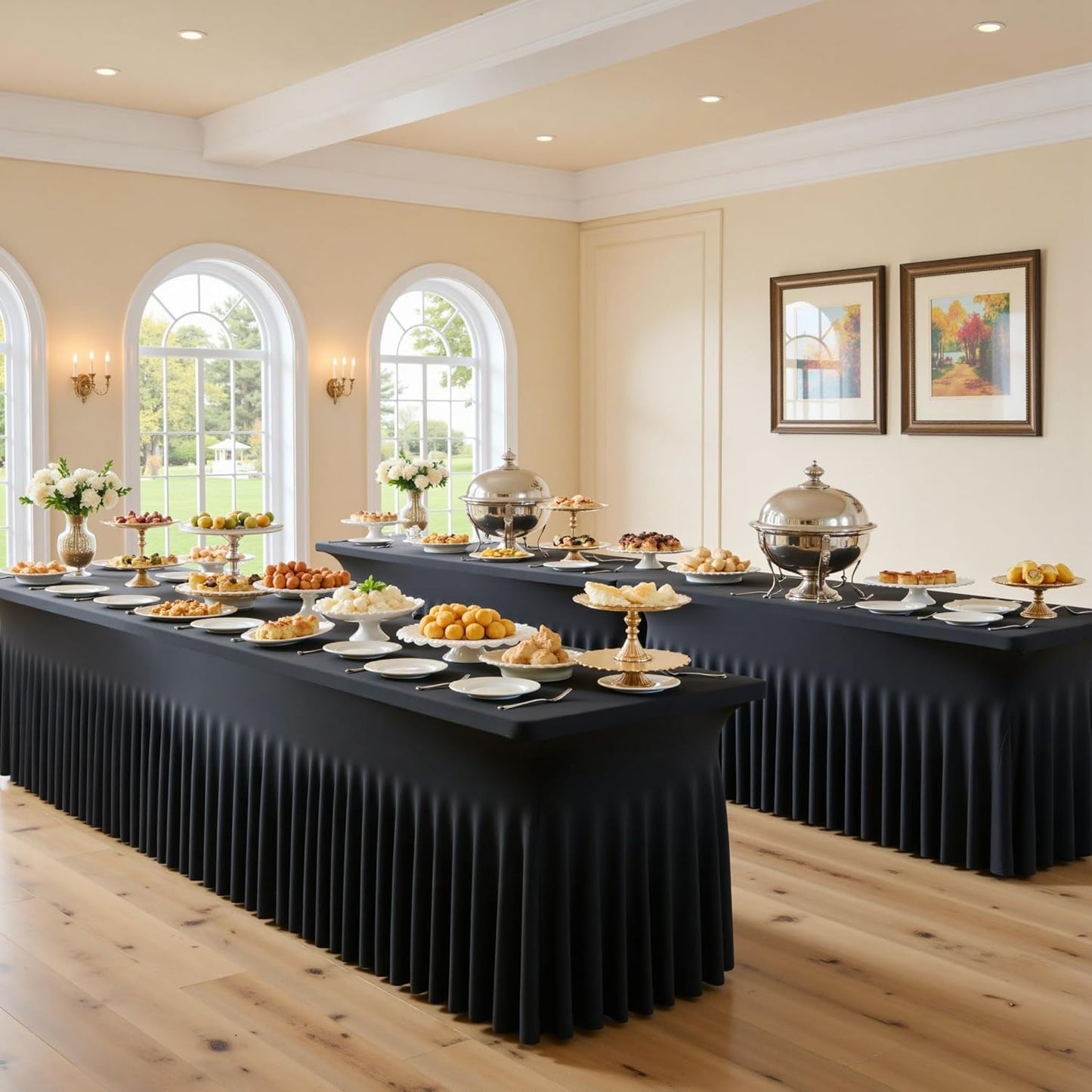 2 Pack Black Spandex Table Covers for 6 Foot Rectangle Tables, Wrinkle Free Fitted Tablecloths 6ft Stretch Table Clothes with Skirt for Parties Weddings Birthday Banquet Baby Shower