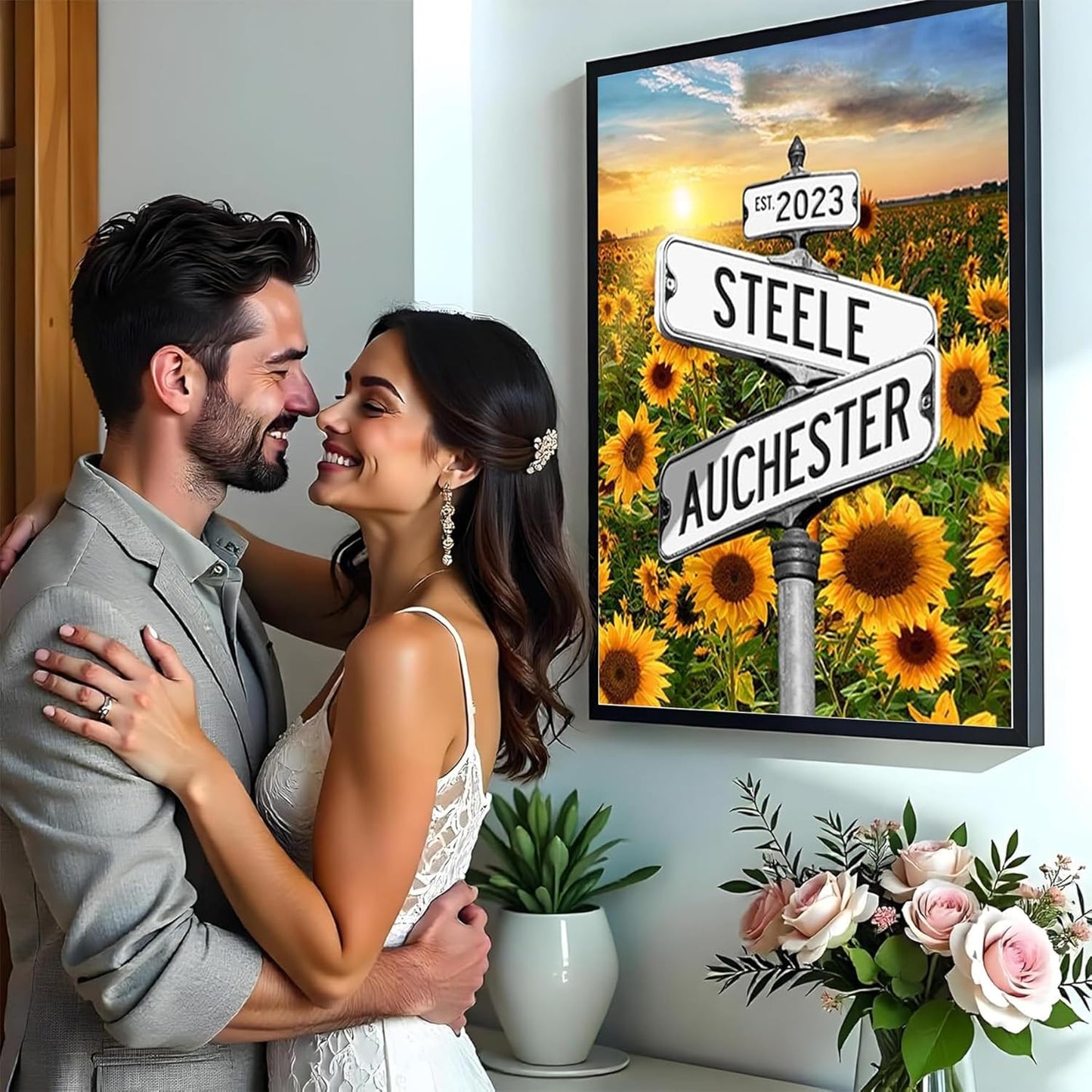 Personalized Name Vintage Street Sign Canvas Poster Love Gifts, Crossroads Wedding Date Names Street Signs Sunflower Poster Canvas Love Gift For Anniversary,Wedding,Birthday And Holidays