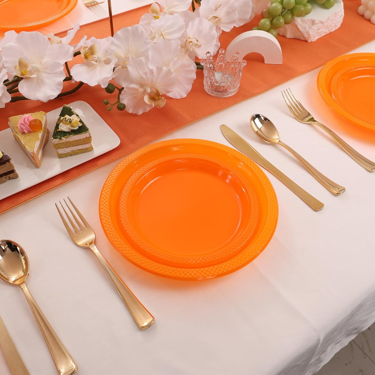 WELLIFE Orange Party Plates 7 Inch -150 Count, Disposable Plastic Dessert Plates for Party Easter Thanksgiving Halloween Cake Appetizers Salad Picnic BBQ