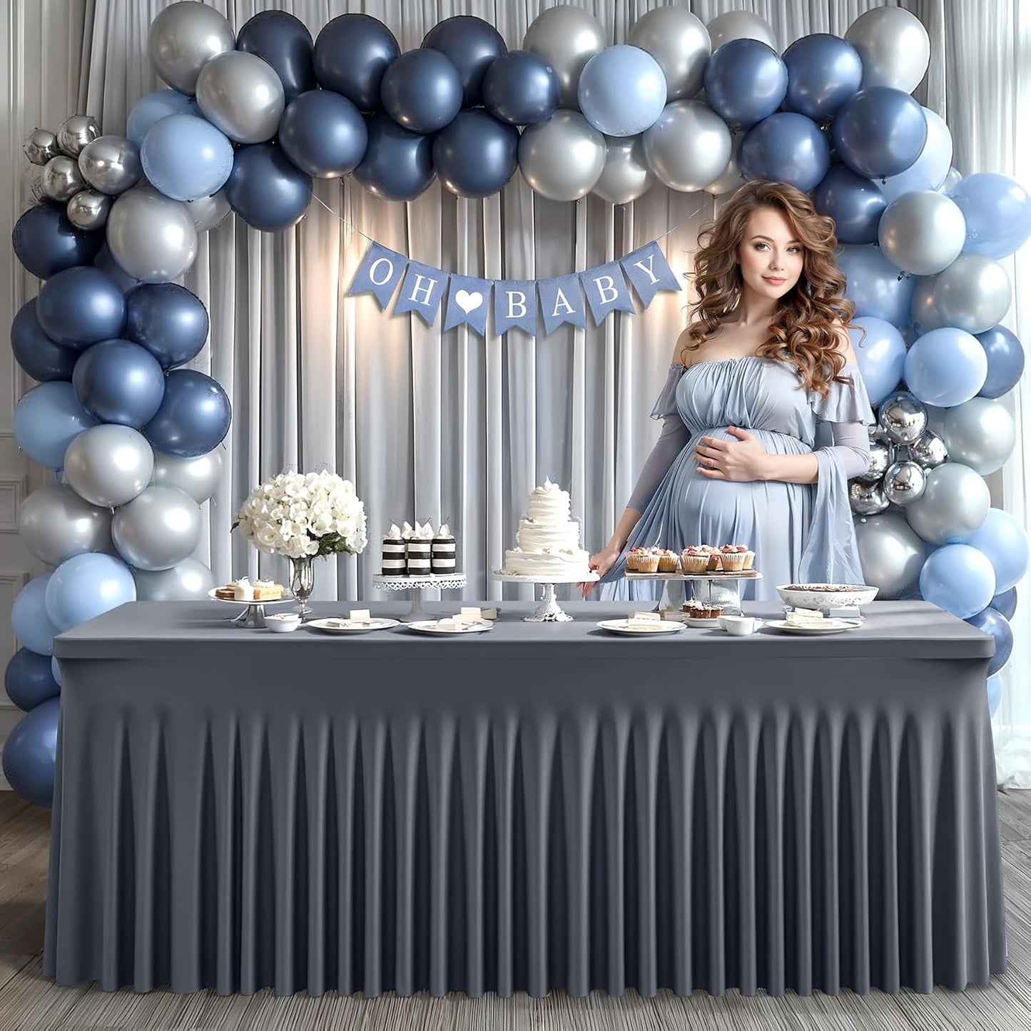 1 Pack Grey Table Clothes for 6 Foot Rectangle Tables, One-Piece Wrinkle Resistant Stretch Spandex Table Covers with Skirt for Event Banquet Wedding Birthday Party